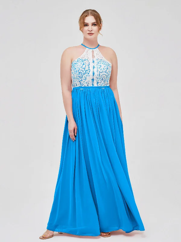 Halter Maxi Dress with Ivory Lace Bodice-Ocean Blue Fashionable Printed Maxi Dress