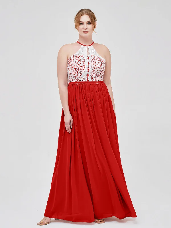 Halter Maxi Dress with Ivory Lace Bodice-Red Cozy Open-Back Maxi Dress