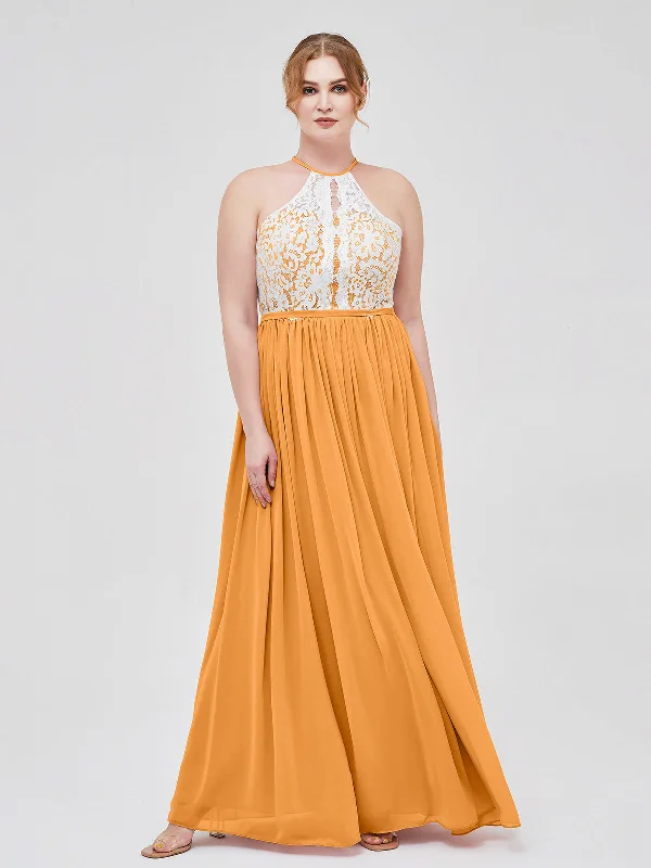 Halter Maxi Dress with Ivory Lace Bodice-Tangerine Casual Maxi Dress with Pockets