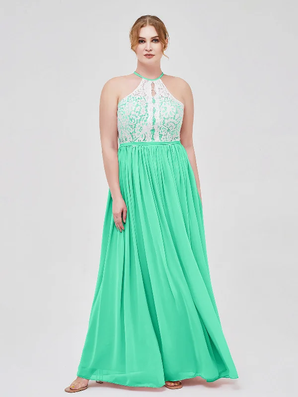 Halter Maxi Dress with Ivory Lace Bodice-Turquoise Stylish A-Line Maxi Dress