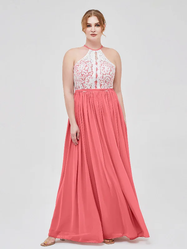 Halter Maxi Dress with Ivory Lace Bodice-Watermelon Cozy Ruffle Sleeve Maxi Dress