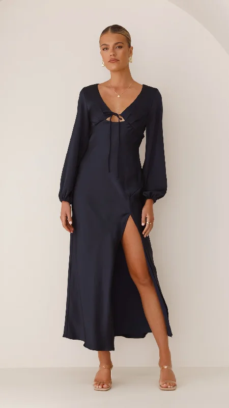 Brigitte Maxi Dress - Navy Trendy Fit-and-Flare Maxi Dress