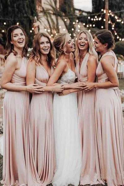 Cheap Long Chiffon Blush Pink Bridesmaid Dresses Convertible Open Back Maxi Dress Comfortable Casual Maxi Dress