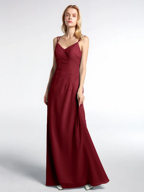 Double Straps Cross Back Chiffon Maxi Dress-Burgundy Elegant Silk Maxi Dress