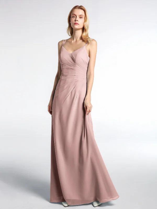 Double Straps Cross Back Chiffon Maxi Dress-Dusty Rose Cozy Ruffle Sleeve Maxi Dress