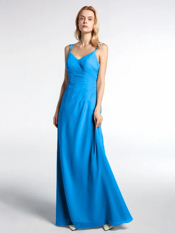 Double Straps Cross Back Chiffon Maxi Dress-Ocean Blue Elegant Sleeveless Maxi Dress