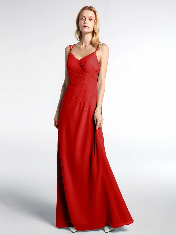 Double Straps Cross Back Chiffon Maxi Dress-Red Classic V-Neck Maxi Dress