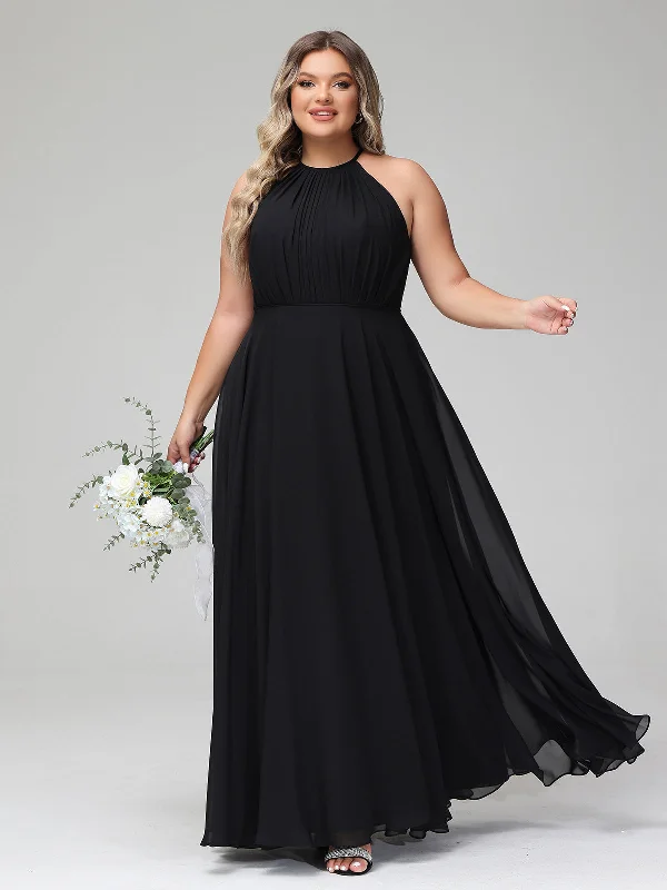 Halter Neck Chiffon Maxi Dress with Circle Skirt-Black Plus Size Comfortable Pleated Maxi Dress