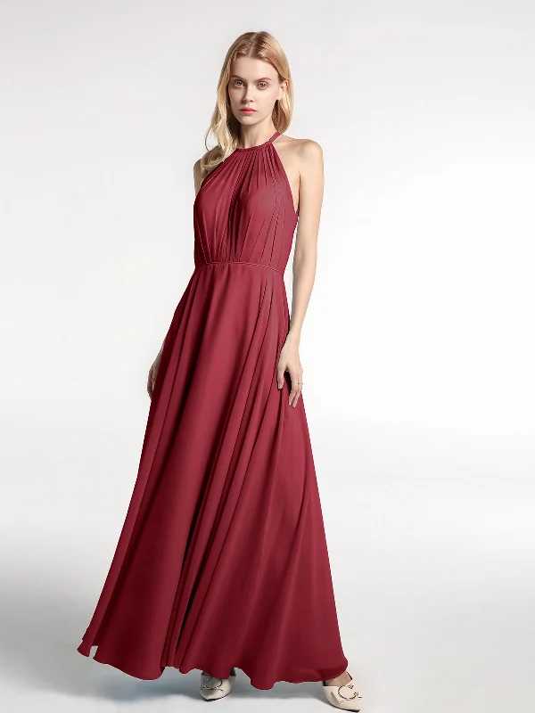 Halter Neck Chiffon Maxi Dress with Circle Skirt-Burgundy Chic Boho Print Maxi Dress