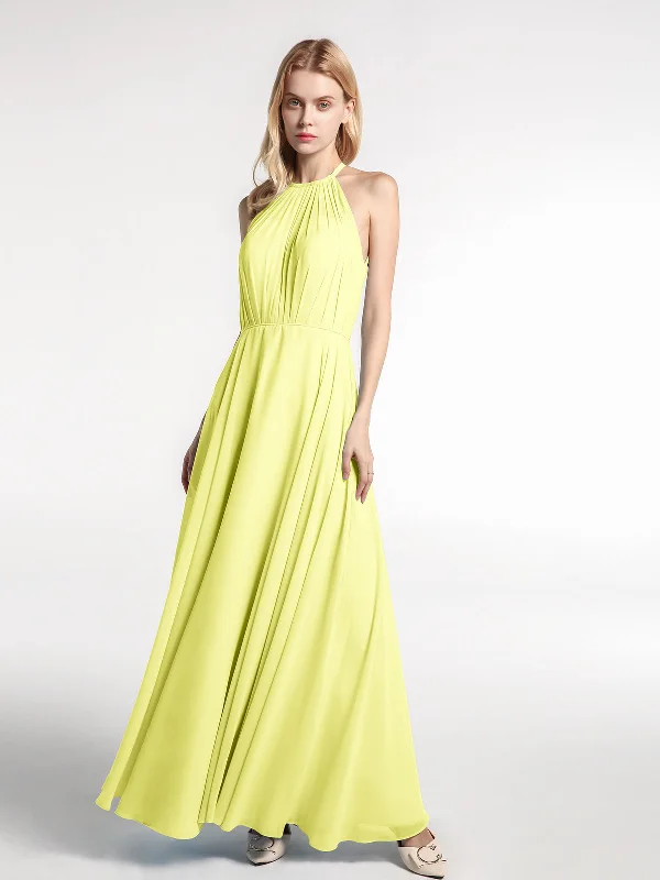 Halter Neck Chiffon Maxi Dress with Circle Skirt-Daffodil Elegant Maxi Dress with Lace