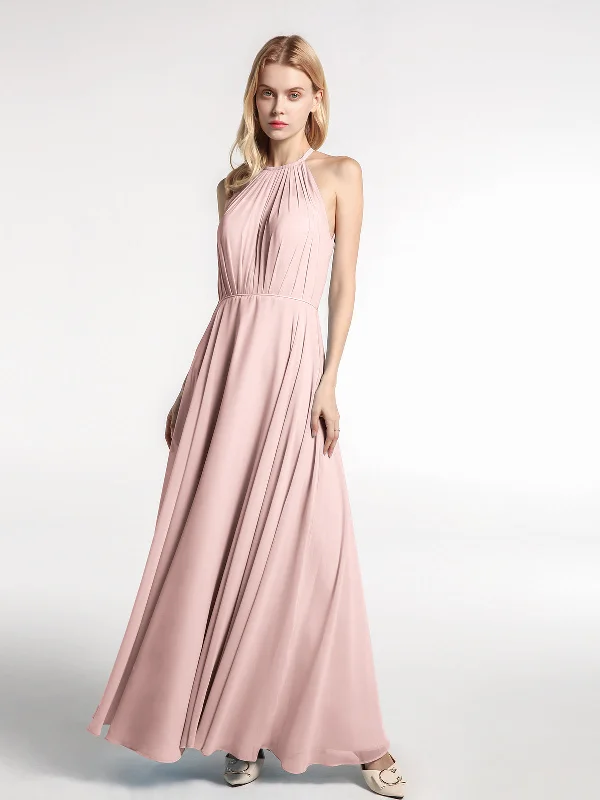 Halter Neck Chiffon Maxi Dress with Circle Skirt-Dusty Rose Elegant Lace Maxi Dress