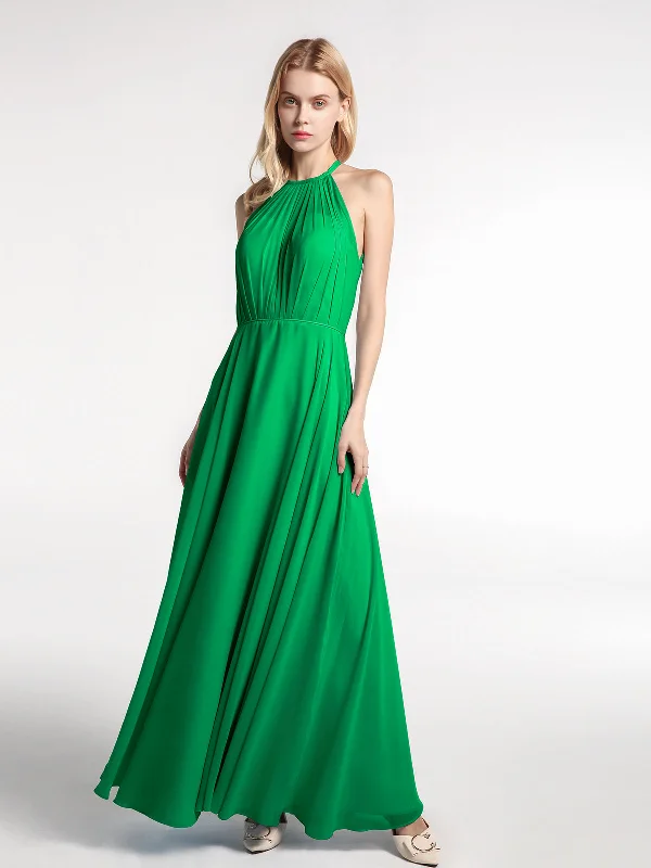 Halter Neck Chiffon Maxi Dress with Circle Skirt-Emerald Casual Maxi Dress with Pockets