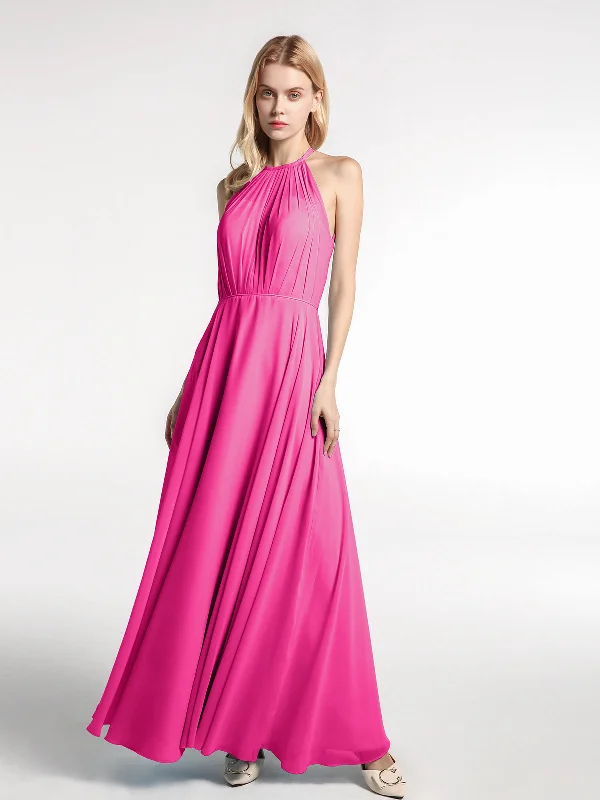 Halter Neck Chiffon Maxi Dress with Circle Skirt-Fuchsia Chic Button-Up Maxi Dress