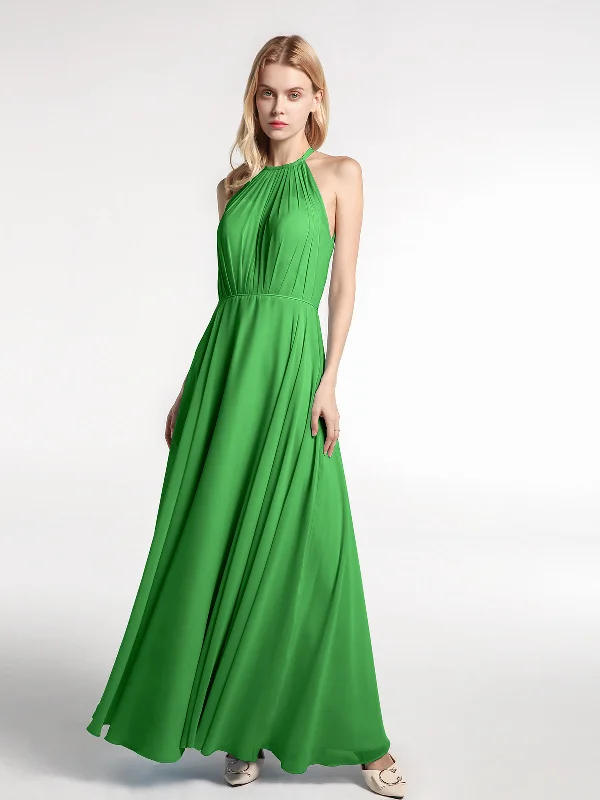 Halter Neck Chiffon Maxi Dress with Circle Skirt-Green Elegant Maxi Dress with Lace