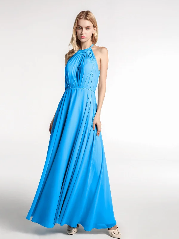 Halter Neck Chiffon Maxi Dress with Circle Skirt-Ocean Blue Stylish Longline Maxi Dress