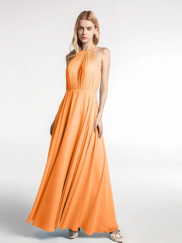 Halter Neck Chiffon Maxi Dress with Circle Skirt-Orange Trendy Off-Shoulder Ruffle Maxi Dress