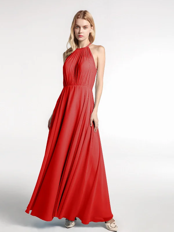 Halter Neck Chiffon Maxi Dress with Circle Skirt-Red Trendy Maxi Dress with Bow