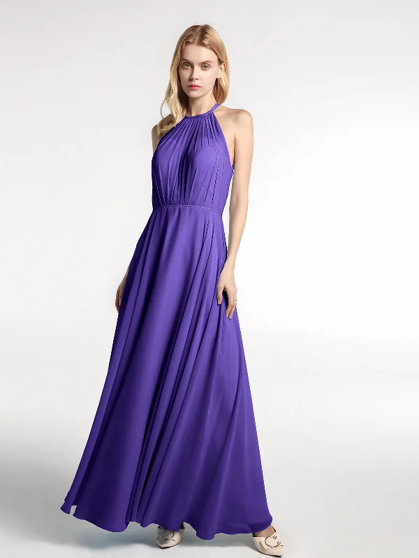 Halter Neck Chiffon Maxi Dress with Circle Skirt-Regency Trendy A-Line Maxi Dress