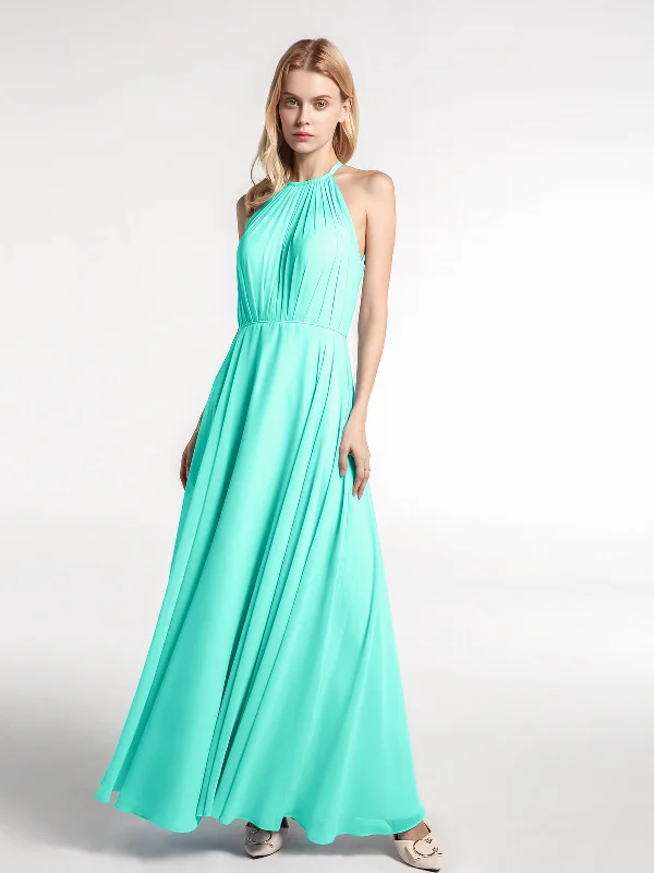 Halter Neck Chiffon Maxi Dress with Circle Skirt-Spa Elegant Maxi Dress with Pockets