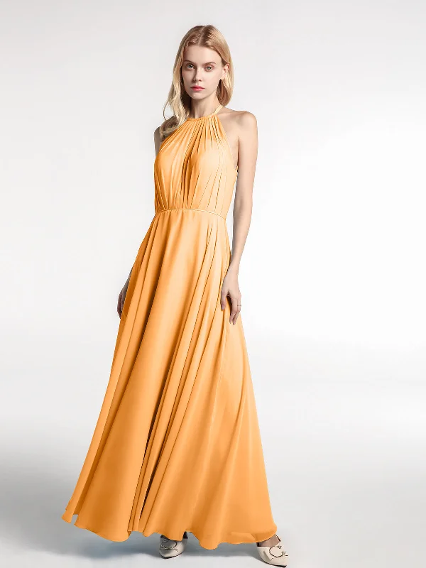 Halter Neck Chiffon Maxi Dress with Circle Skirt-Tangerine Stylish Maxi Dress with Frills