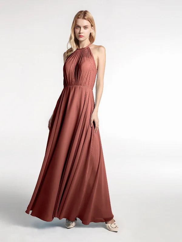 Halter Neck Chiffon Maxi Dress with Circle Skirt-Terracotta Elegant Boho Maxi Dress