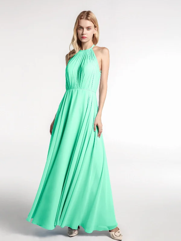 Halter Neck Chiffon Maxi Dress with Circle Skirt-Turquoise Stylish Longline Maxi Dress