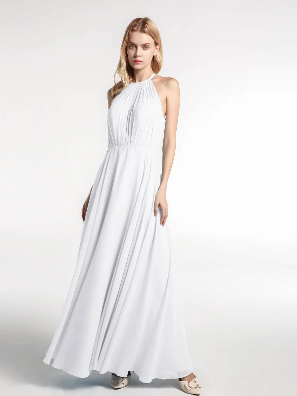 Halter Neck Chiffon Maxi Dress with Circle Skirt-White Cozy Longline Maxi Dress