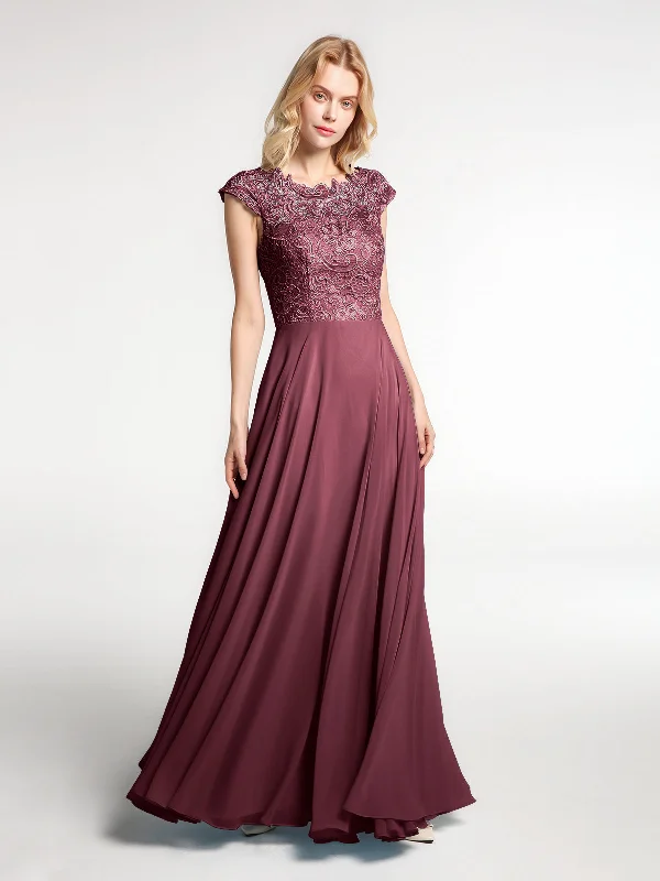 Illusion Wrap Neck Lace and Chiffon Maxi Dress-Cabernet Comfortable Flowy Maxi Dress