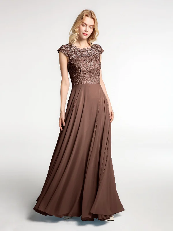 Illusion Wrap Neck Lace and Chiffon Maxi Dress-Chocolate Comfortable Ruffle Maxi Dress