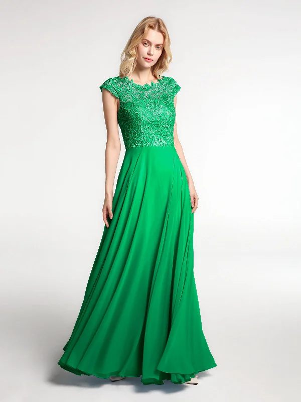 Illusion Wrap Neck Lace and Chiffon Maxi Dress-Emerald Classic Solid Maxi Dress