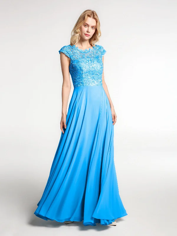 Illusion Wrap Neck Lace and Chiffon Maxi Dress-Ocean Blue Cozy Cold-Shoulder Maxi Dress