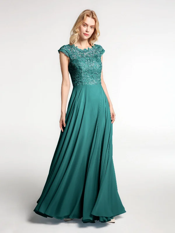 Illusion Wrap Neck Lace and Chiffon Maxi Dress-Peacock Comfortable Maxi Dress with Sleeves