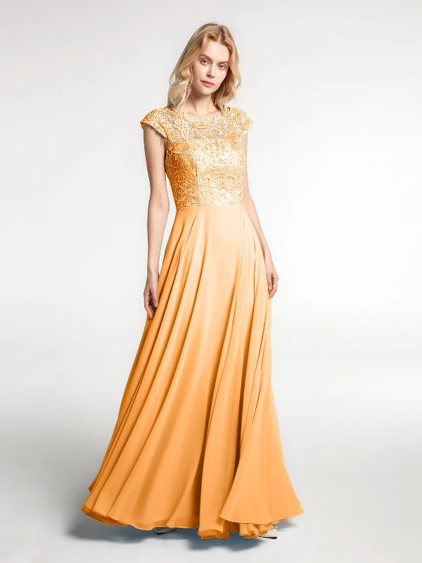 Illusion Wrap Neck Lace and Chiffon Maxi Dress-Tangerine Fashionable High-Low Maxi Dress