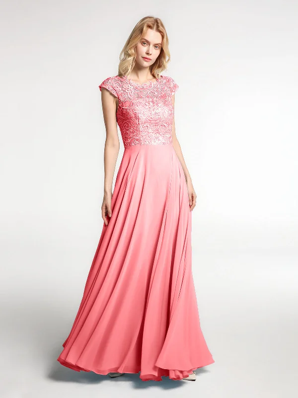 Illusion Wrap Neck Lace and Chiffon Maxi Dress-Watermelon Stylish Button-Up Maxi Dress