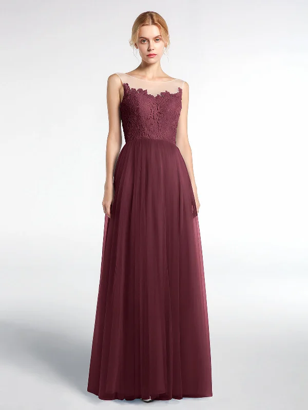 Illusion Neckline Lace and Tulle Maxi Dress-Cabernet Trendy A-Line Maxi Dress