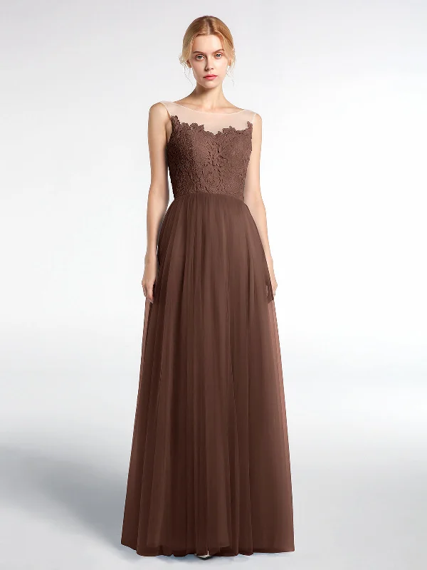 Illusion Neckline Lace and Tulle Maxi Dress-Chocolate Fashionable Button-Down Maxi Dress