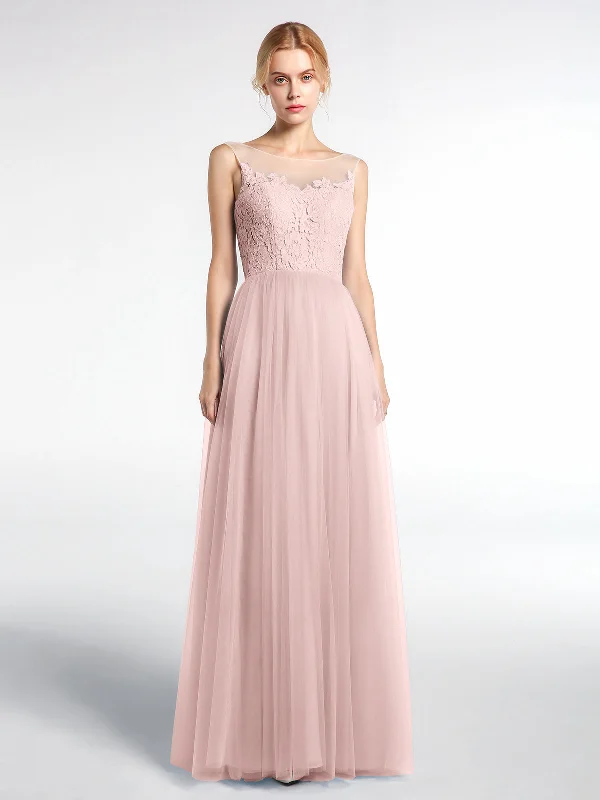 Illusion Neckline Lace and Tulle Maxi Dress-Dusty Rose Elegant Lace-Up Maxi Dress