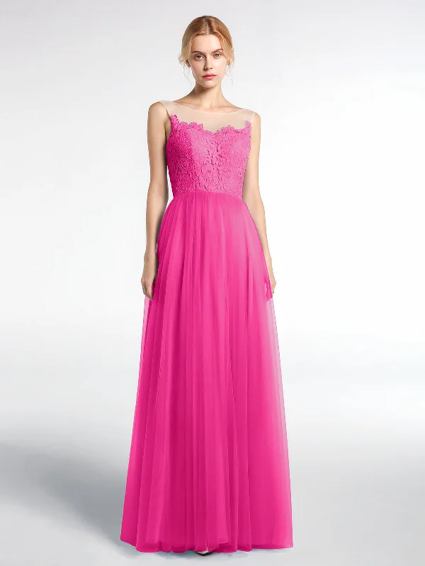 Illusion Neckline Lace and Tulle Maxi Dress-Fuchsia Comfortable Bohemian Maxi Dress