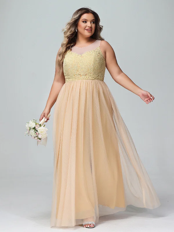 Illusion Neckline Lace and Tulle Maxi Dress-Gold Plus Size Cozy Knit Maxi Dress