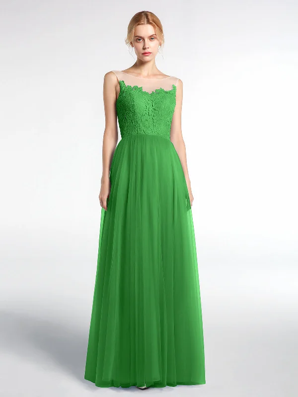 Illusion Neckline Lace and Tulle Maxi Dress-Green Stylish Pleated A-Line Maxi Dress