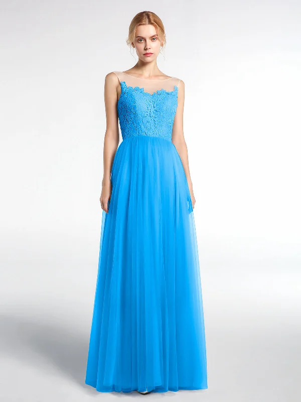 Illusion Neckline Lace and Tulle Maxi Dress-Ocean Blue Cozy Longline Maxi Dress