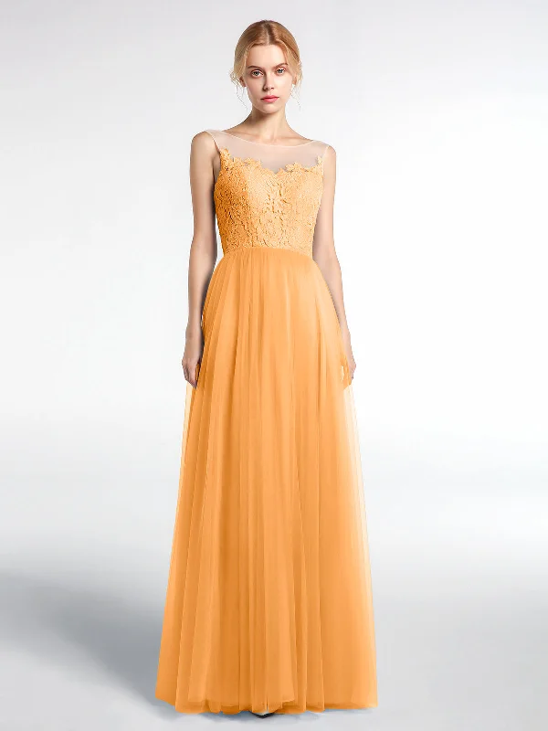 Illusion Neckline Lace and Tulle Maxi Dress-Tangerine Cozy Open-Back Maxi Dress