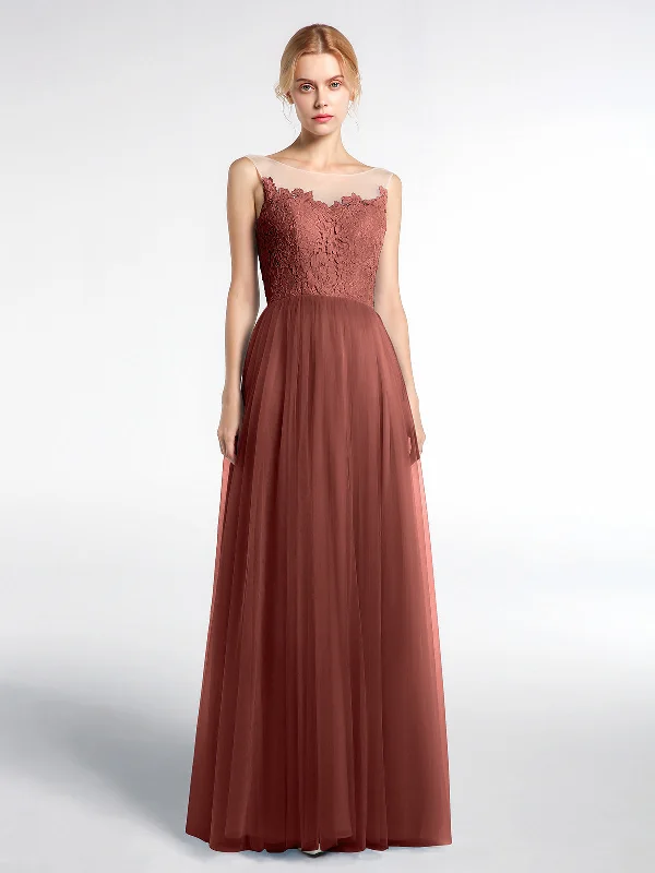 Illusion Neckline Lace and Tulle Maxi Dress-Terracotta Classic Black Maxi Dress