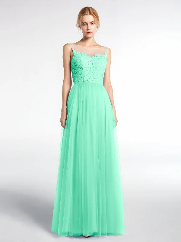 Illusion Neckline Lace and Tulle Maxi Dress-Turquoise Cozy Ruffle Sleeve Maxi Dress