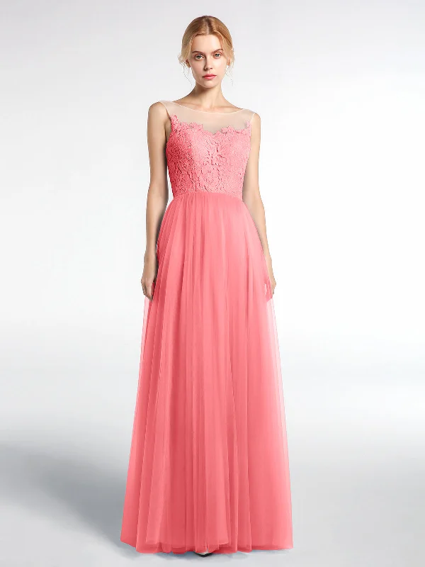 Illusion Neckline Lace and Tulle Maxi Dress-Watermelon Stylish A-Line Maxi Dress