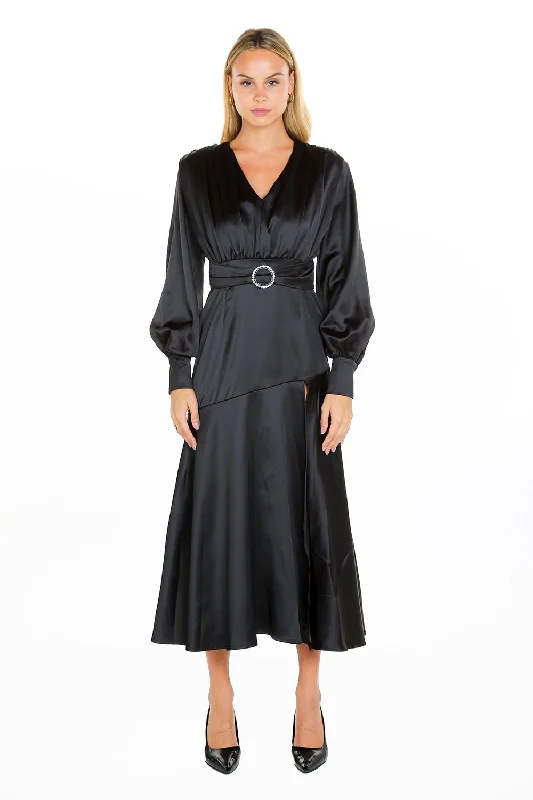 Long Sleeve Satin V Neck Maxi Dress Elegant Maxi Dress with Pockets