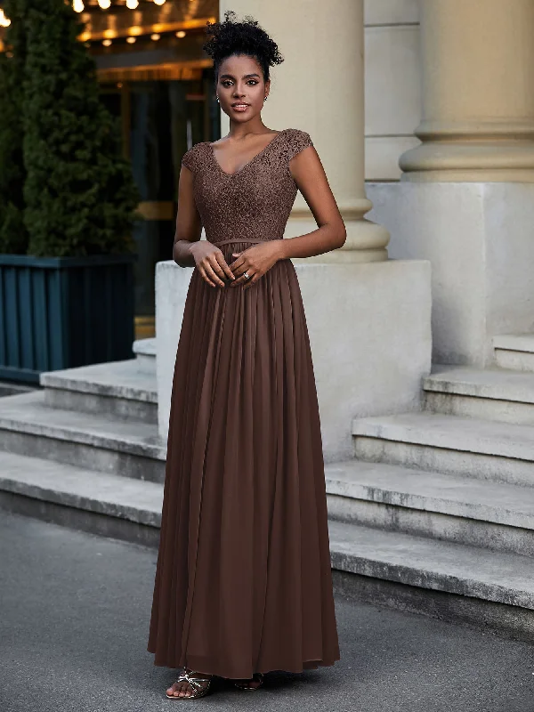 Lace and Chiffon Maxi Dress with Cap Sleeves-Chocolate Cozy Longline Maxi Dress