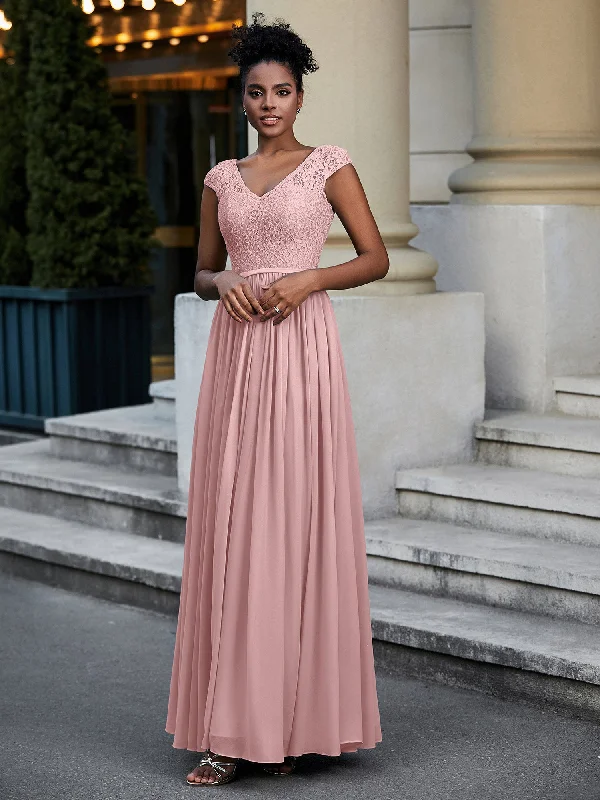 Lace and Chiffon Maxi Dress with Cap Sleeves-Dusty Rose Classic Black Maxi Dress