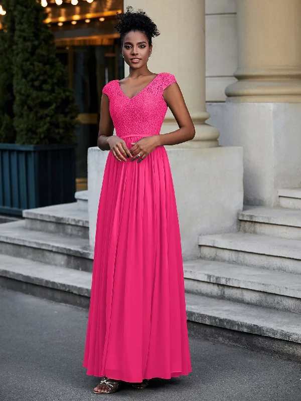 Lace and Chiffon Maxi Dress with Cap Sleeves-Fuchsia Classic Strapless Maxi Dress