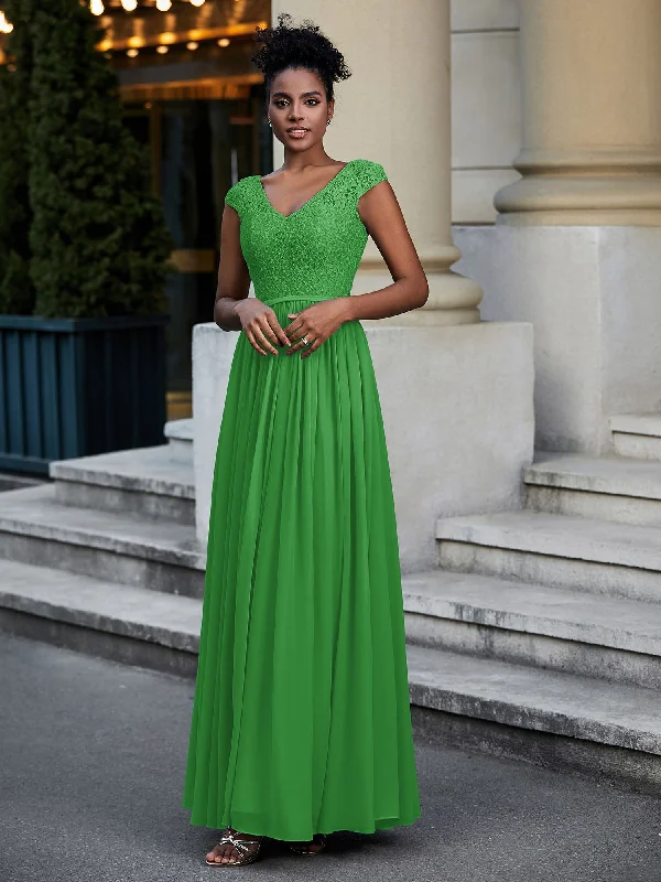 Lace and Chiffon Maxi Dress with Cap Sleeves-Green Stylish Longline Maxi Dress